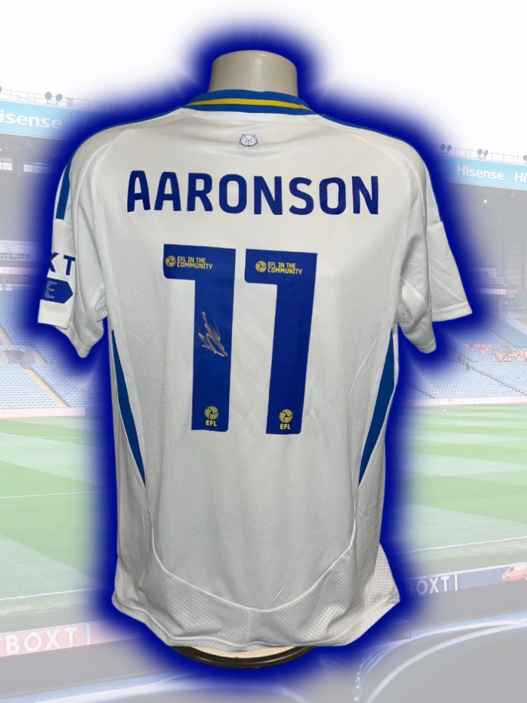 BRENDEN AARONSON HAND SIGNED LEEDS UTD 2024/25 HOME SHIRT COA PROOF - CHAMPIONS for sale on Ebay