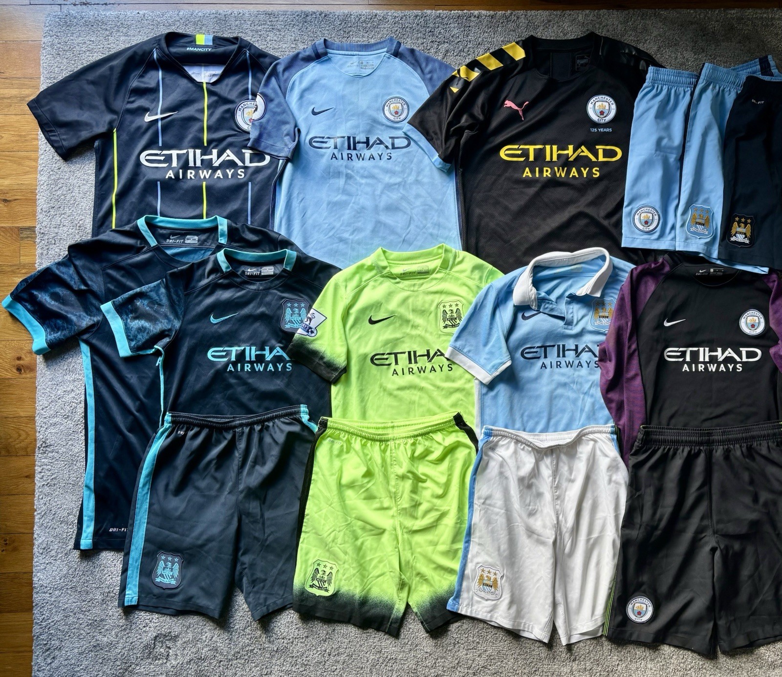 Manchester City Kits Bundle (Multiple Shirts And Shorts) for sale on Ebay