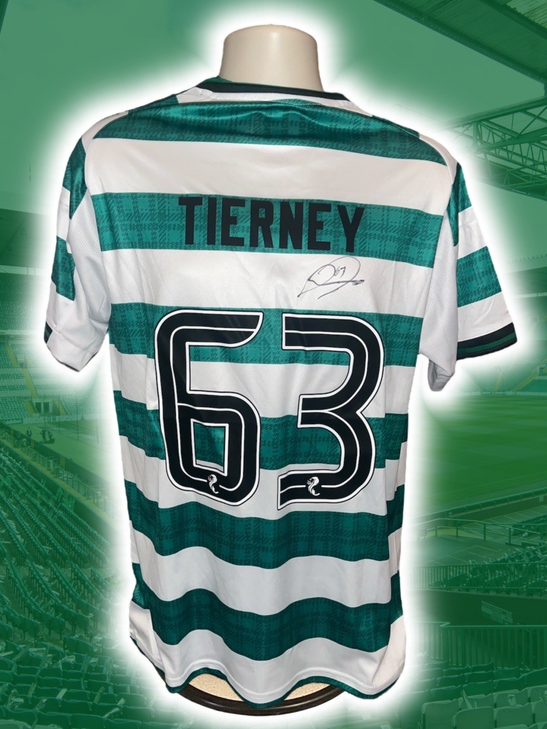 KIERAN TIERNEY HAND SIGNED CELTIC FC 2025/26 HOME SHIRT REPLICA COA PROOF 2 for sale on Ebay