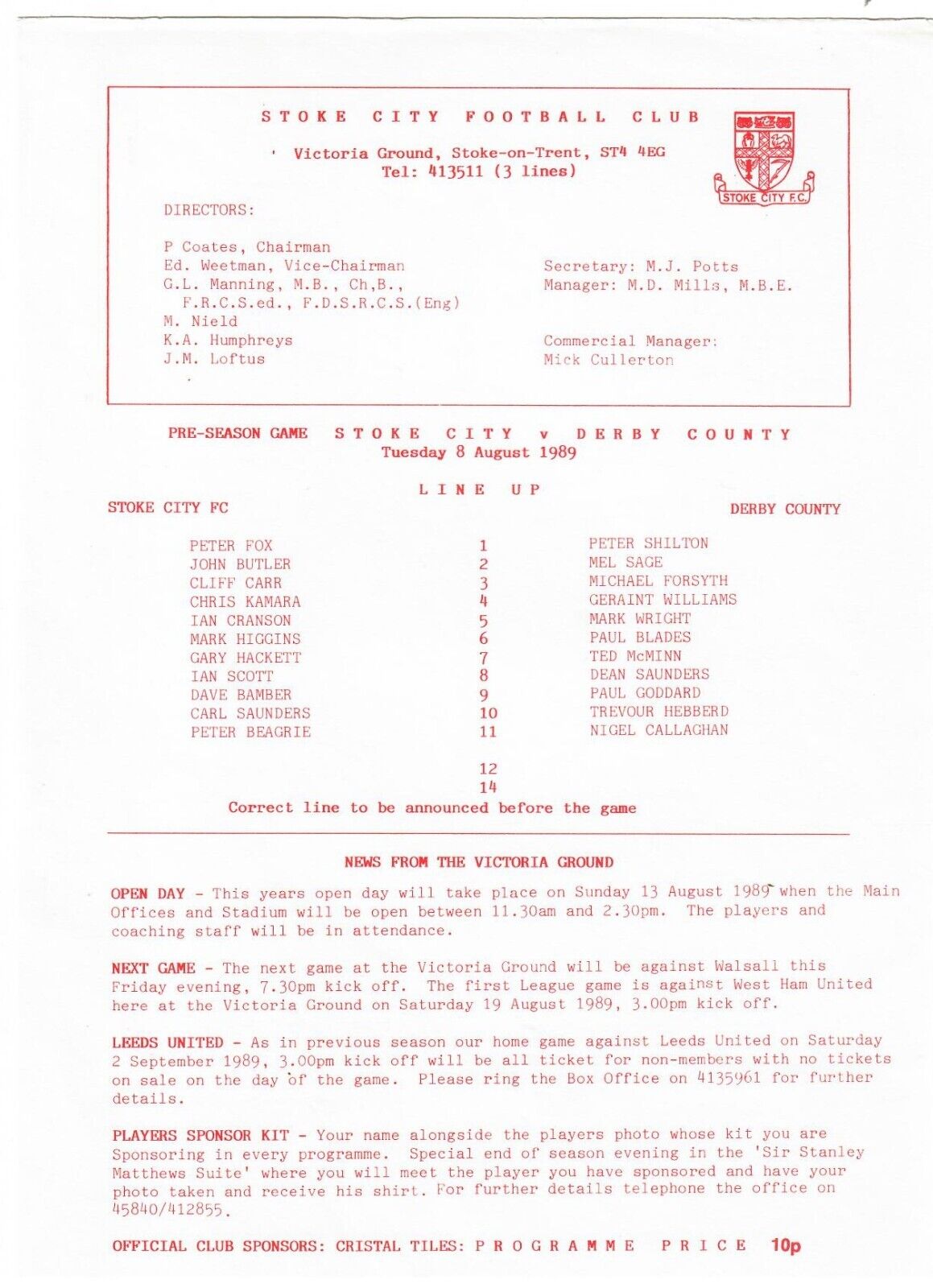 Stoke City v Derby County - 1989-90 Pre-Season Friendly - Football Programme for sale on Ebay
