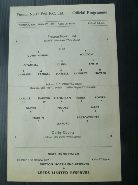 PRESTON NORTH END  v  Derby County  58/9   FA Cup  (postponed). for sale on Ebay