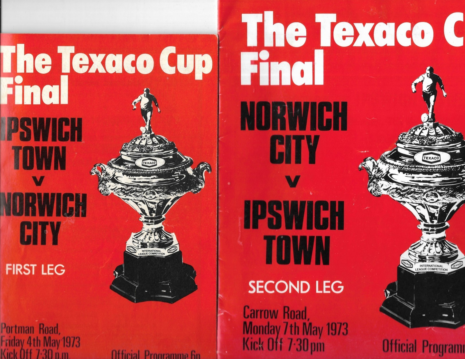 1973 Texaco cup Final programmes Ipswich Town v Norwich City 1st & 2nd Legs for sale on Ebay