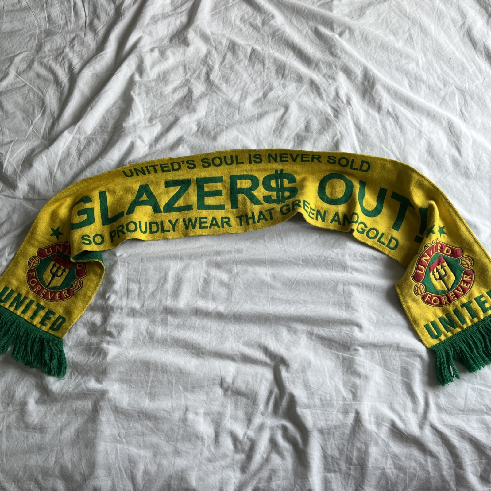 Glazers Out Manchester United Football Scarf Green And Gold for sale on Ebay