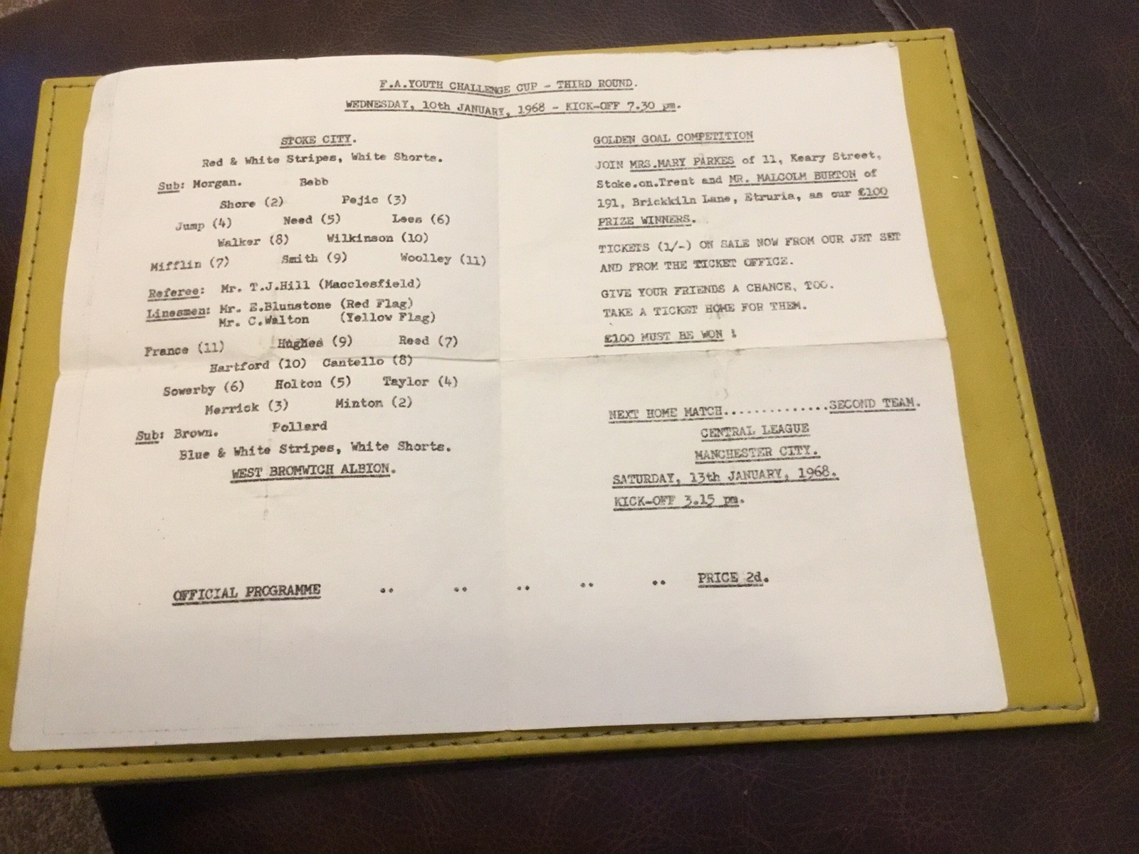SINGLE SHEET STOKE CITY V WEST BROMWICH ALBION F.A. YOUTH CUP 10-JANUARY-1968 for sale on Ebay
