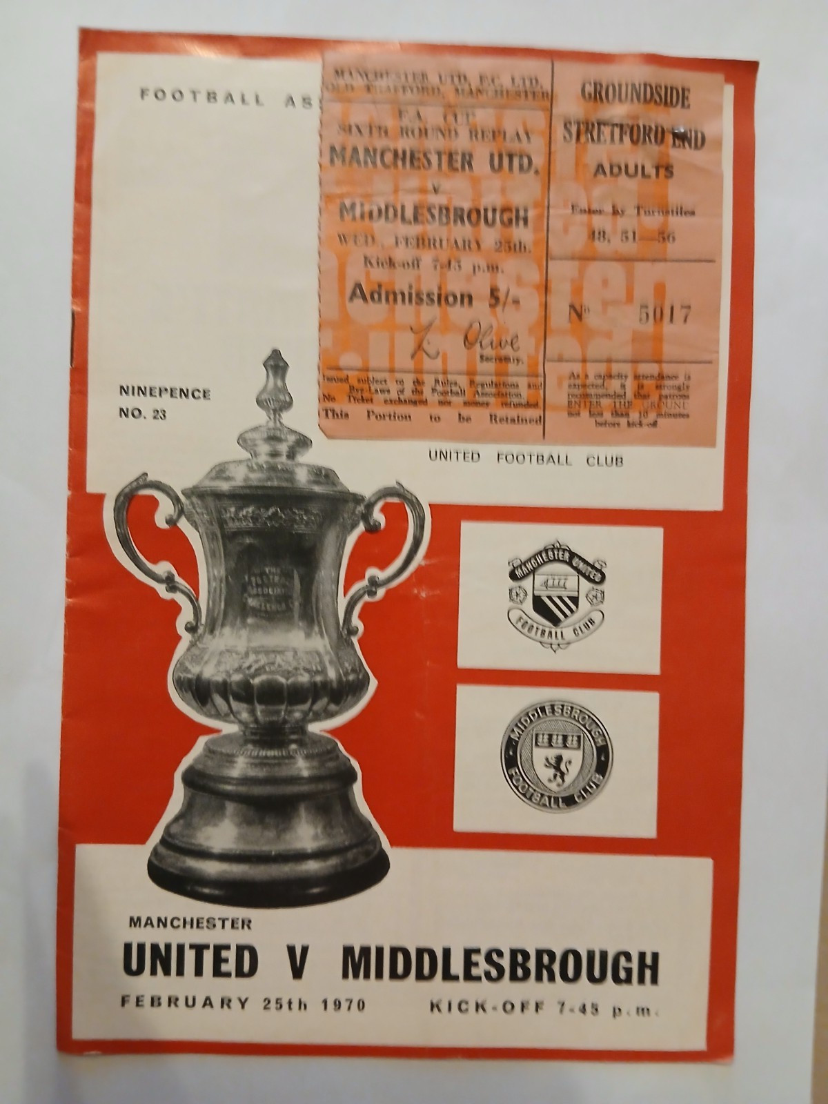 MANCHESTER UNITED v MIDDLESBROUGH FA cup 6th round replay 25 Feb 1970 + Ticket for sale on Ebay