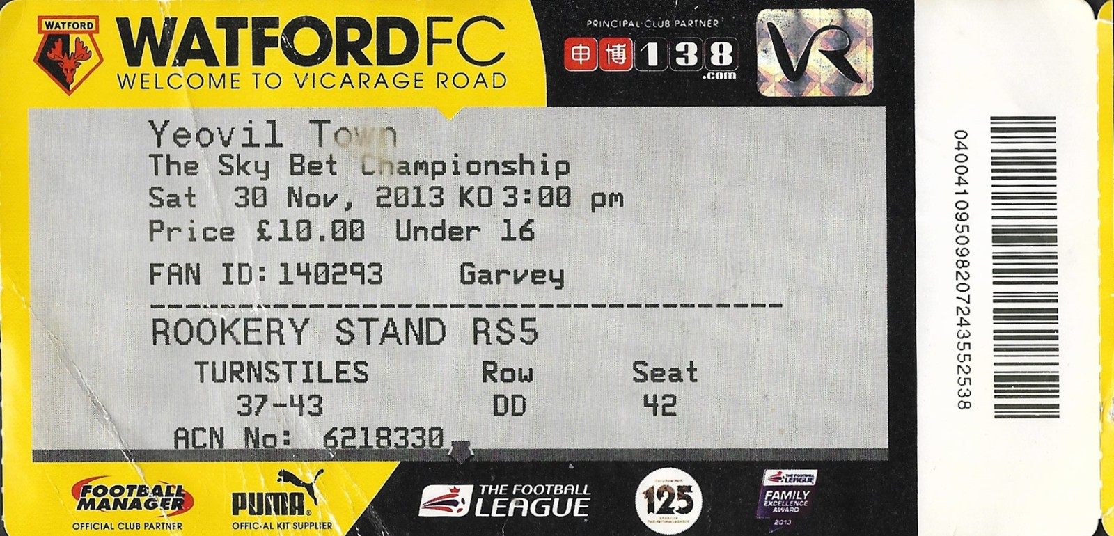 Watford v Yeovil Town. Championship. Ticket Stub. 2013-2014 for sale on Ebay