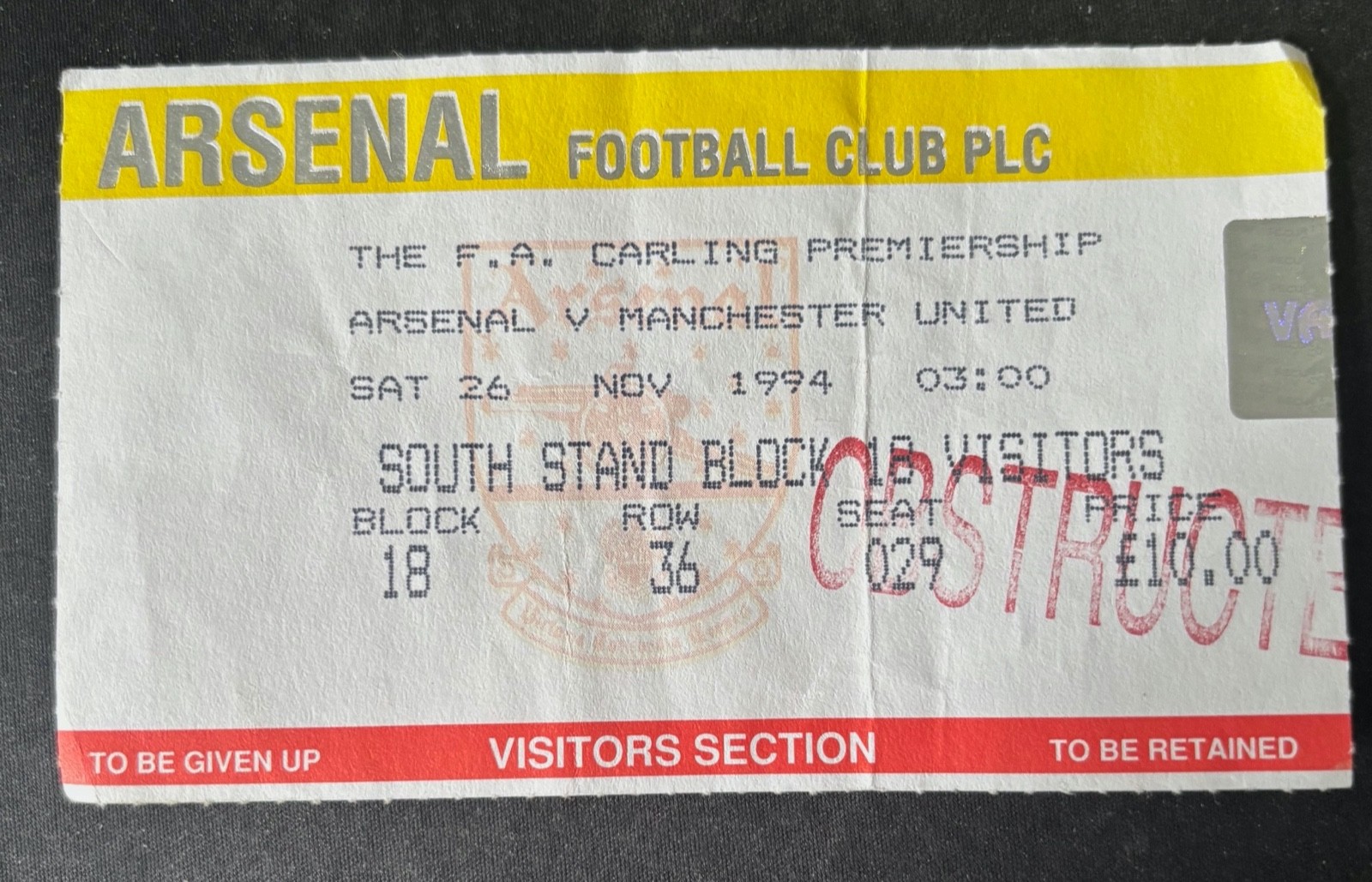 Arsenal v Manchester United ticket stub 26th November 1994 Premier League for sale on Ebay