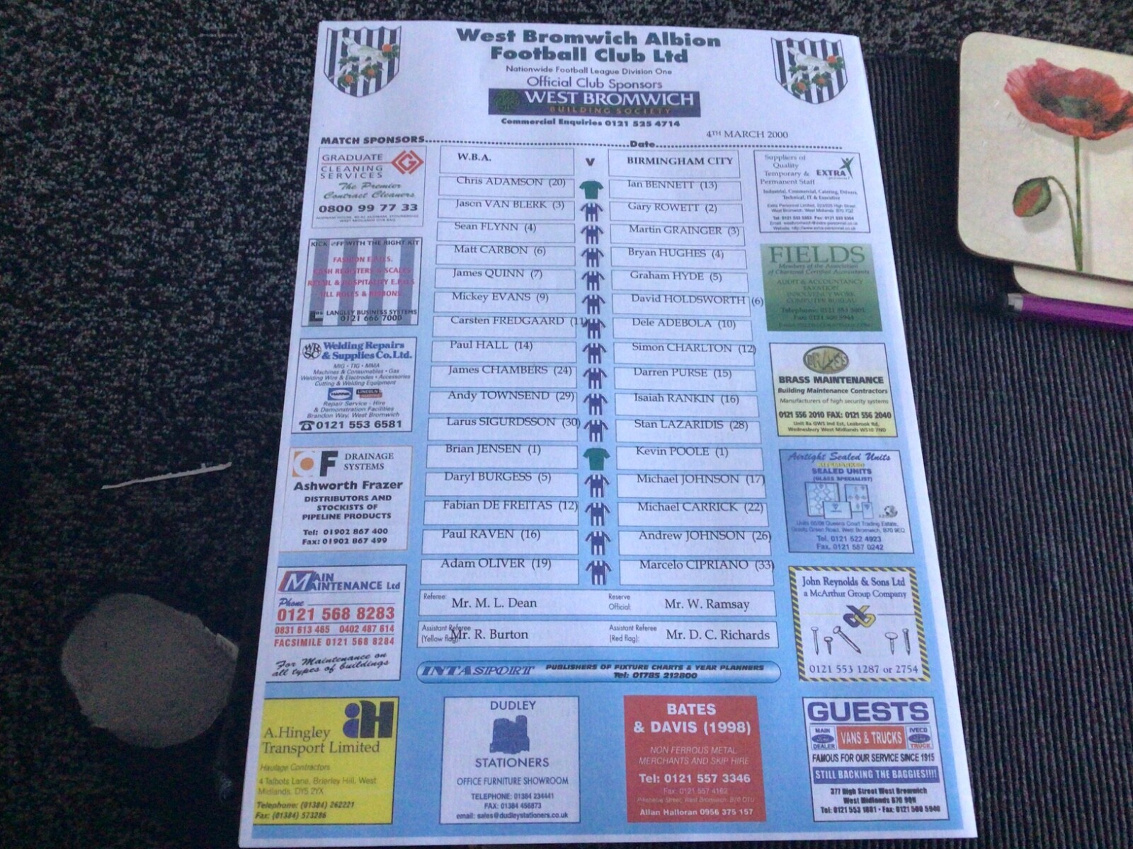 West Bromwich Albion v  Birmingham City 4/3/2000 Teamsheet for sale on Ebay