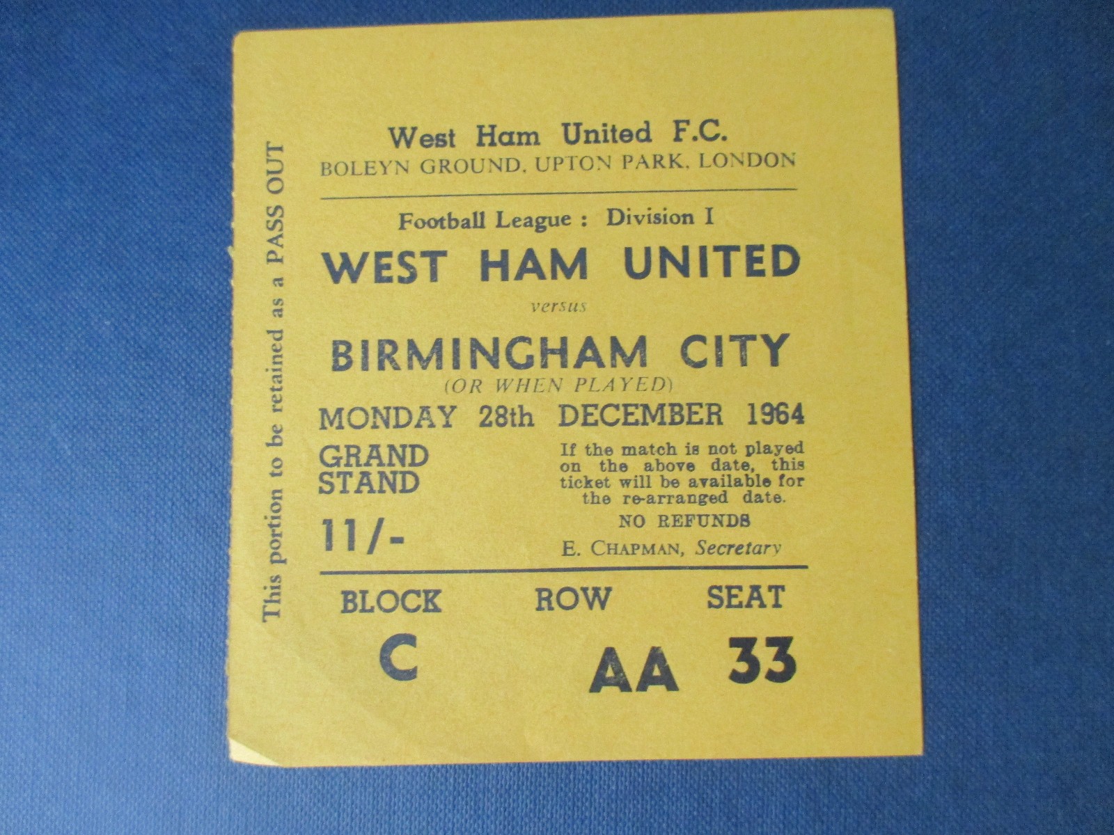 West Ham United v Birmingham City First Division Dec 1964 used ticket stub vgc for sale on Ebay