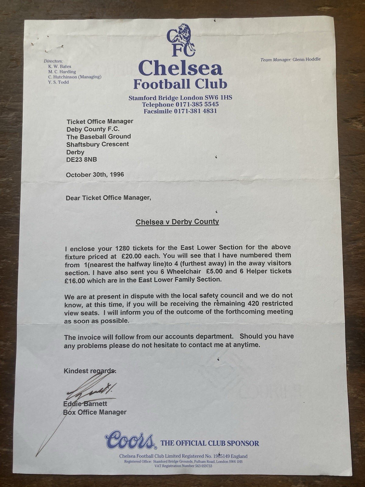 Oct 96 Chelsea Invoice Letter To Derby County For Away End Ticket Allocation. for sale on Ebay