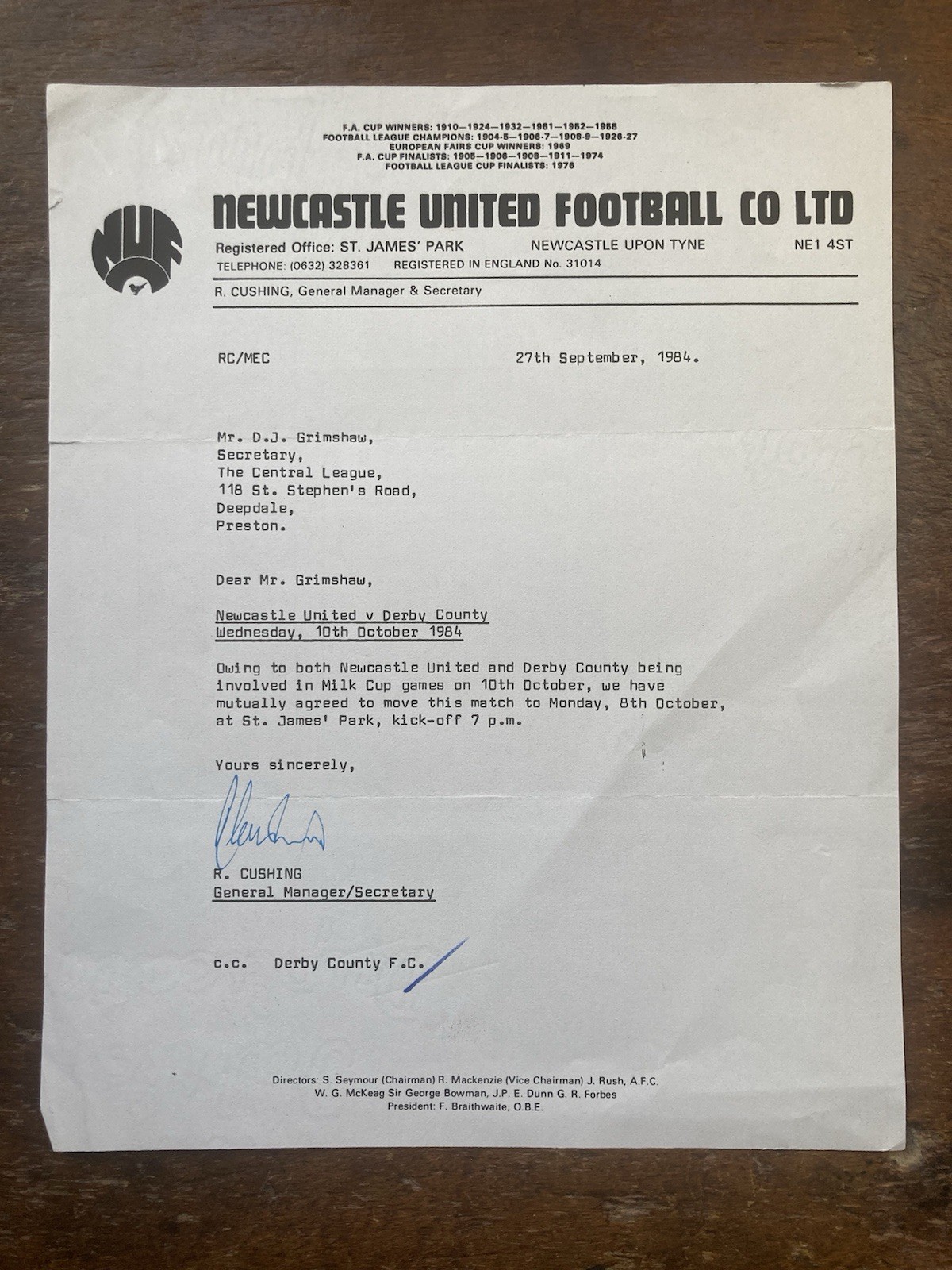 Sept 84 Newcastle United Letter To Derby County re Milk Cup Game Date Change. for sale on Ebay
