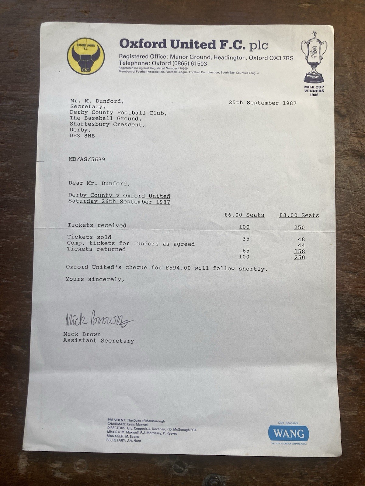 Sept 1987 Oxford United Invoice To Derby County For Away End Ticket Allocation. for sale on Ebay