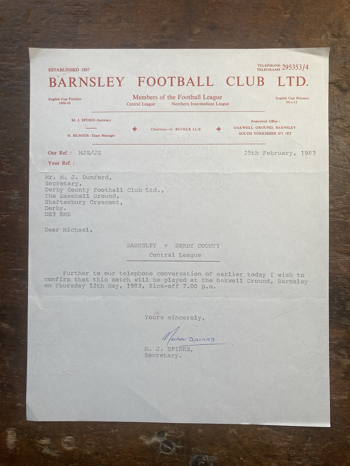 Feb 1983 Barnsley Letter To Derby County Confirming Reserve Fixture Date & Time. for sale on Ebay