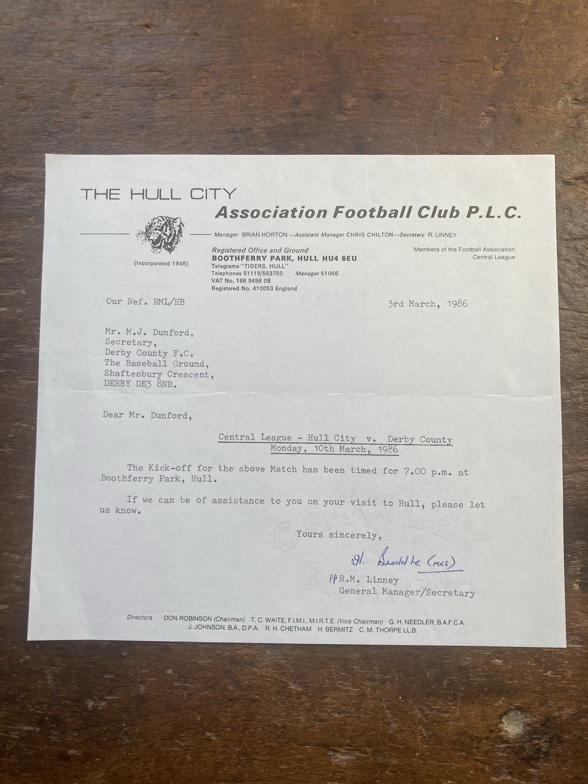 Mar 1986 Hull City Letter To Derby County re Central League Reserve Fixture Date for sale on Ebay