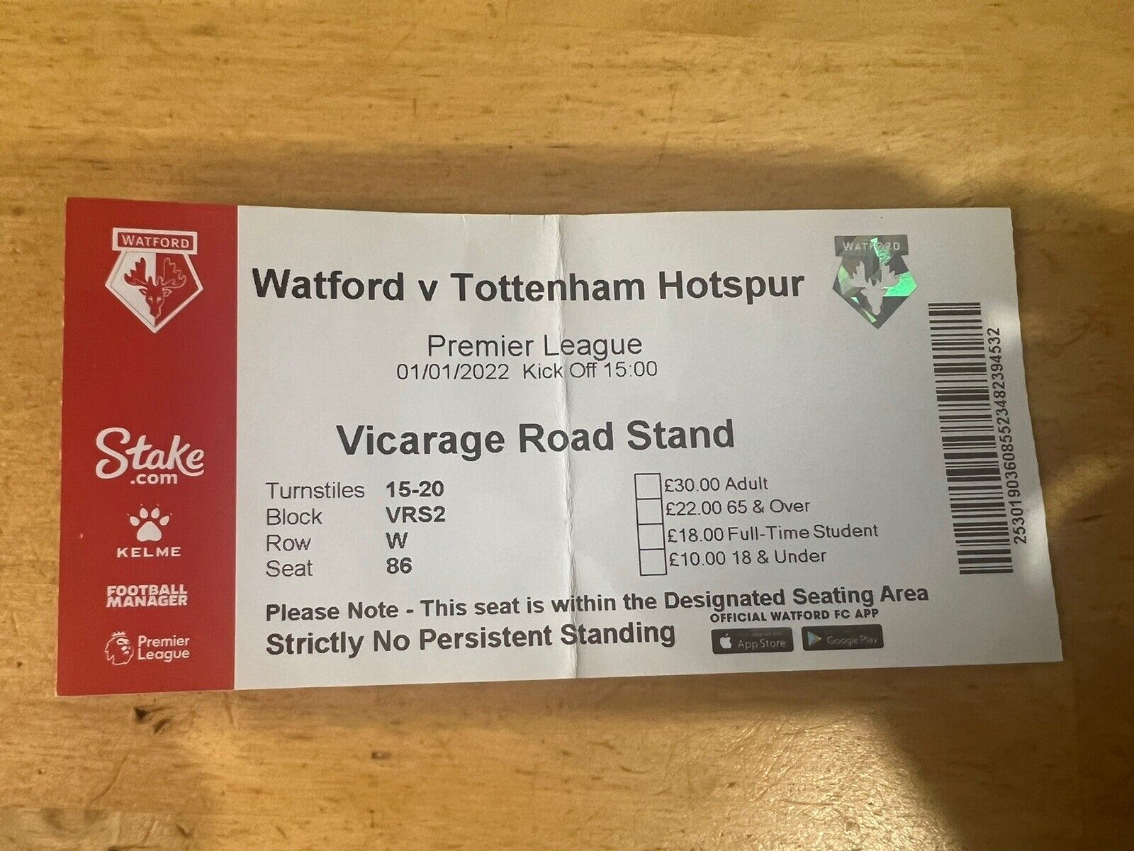 Watford v Tottenham Hotspur 01/01/2022 Ticket Stub for sale on Ebay
