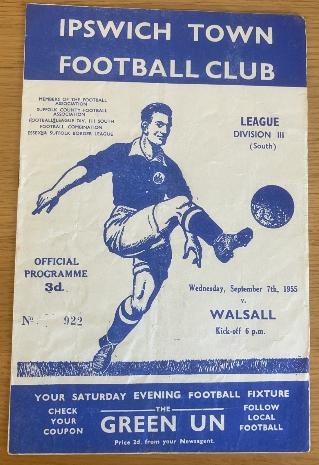Ipswich Town v Walsall 7th September 1955 for sale on Ebay