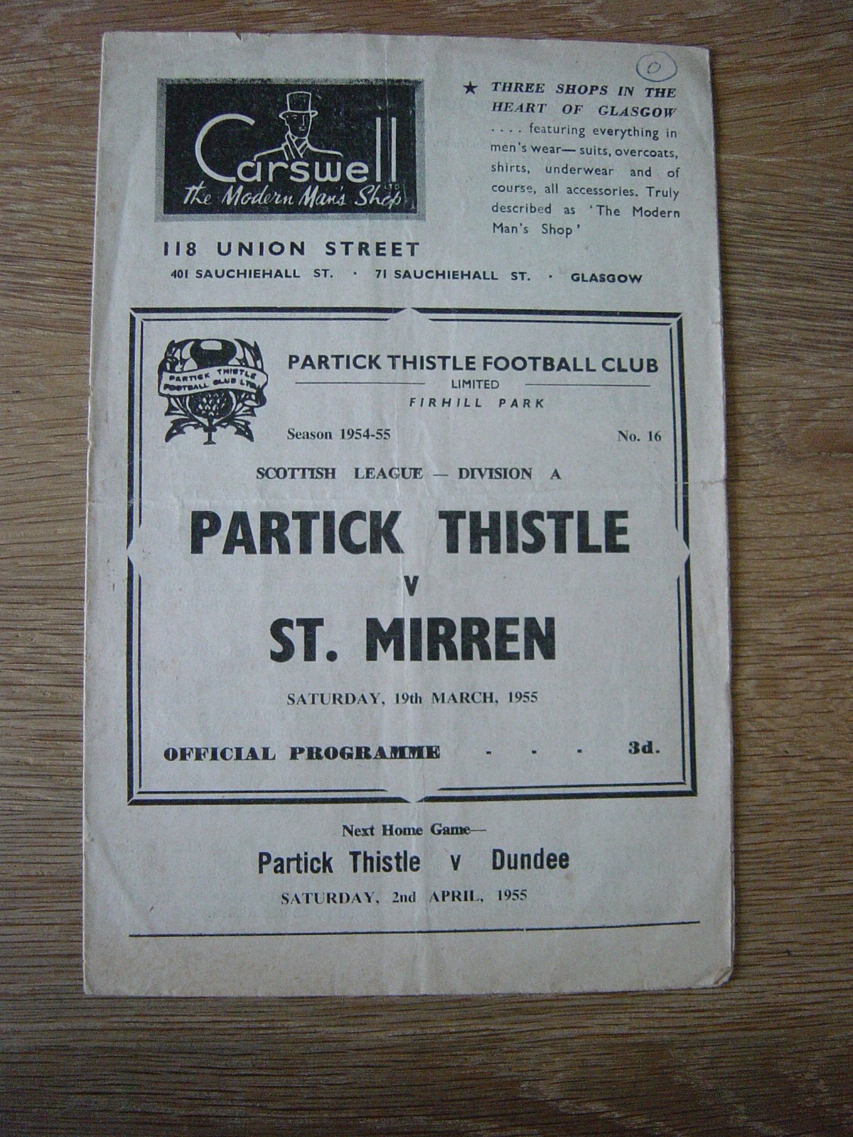 1954/55 PARTICK THISTLE v ST MIRREN for sale on Ebay