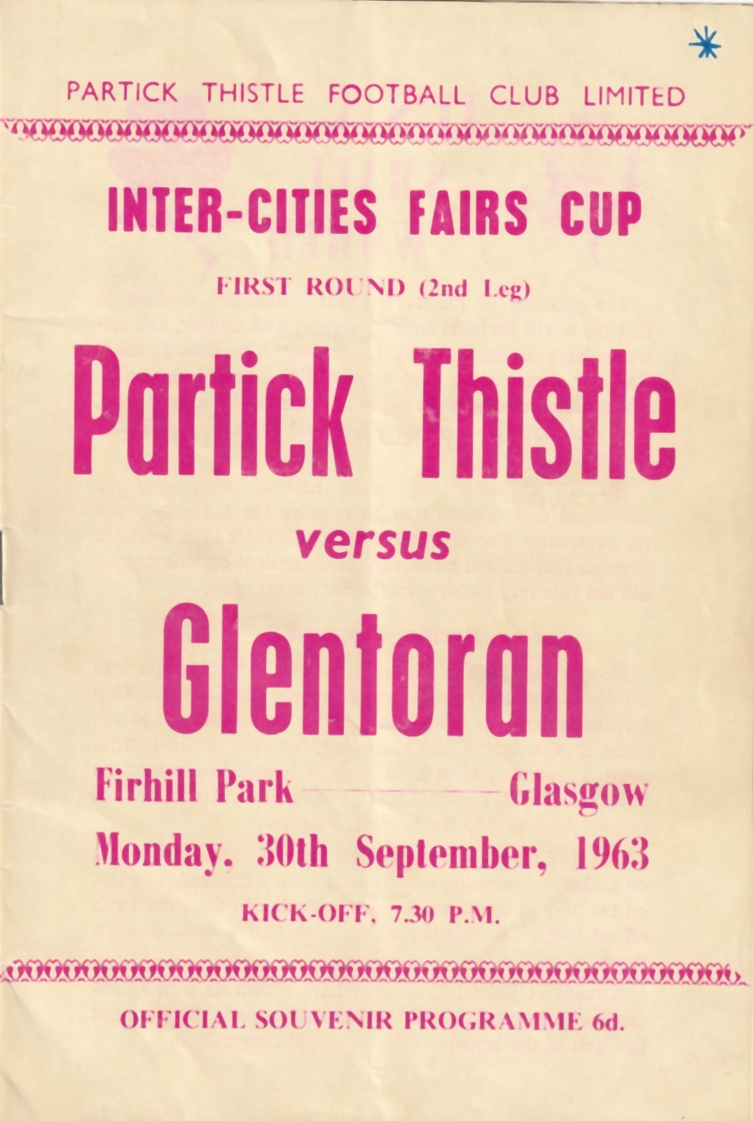 Partick Thistle v Glentoran ( Inter Cities Fairs Cup ) 1963/4 for sale on Ebay