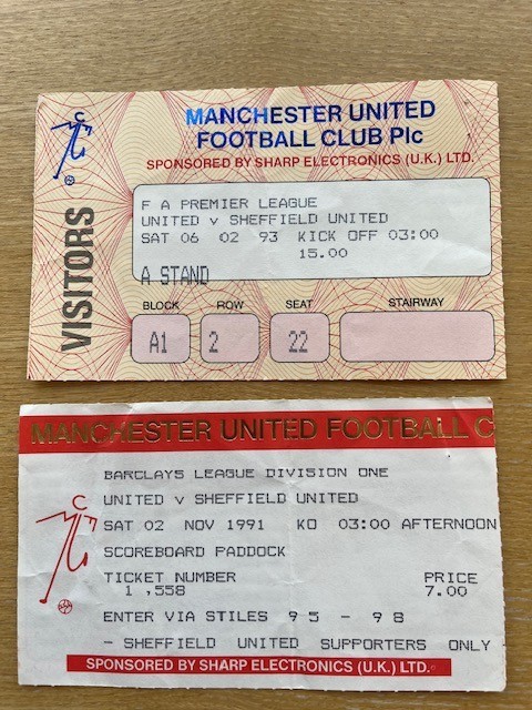 Manchester United v Sheffield United tickets - 2 off - different games 1991 & 93 for sale on Ebay