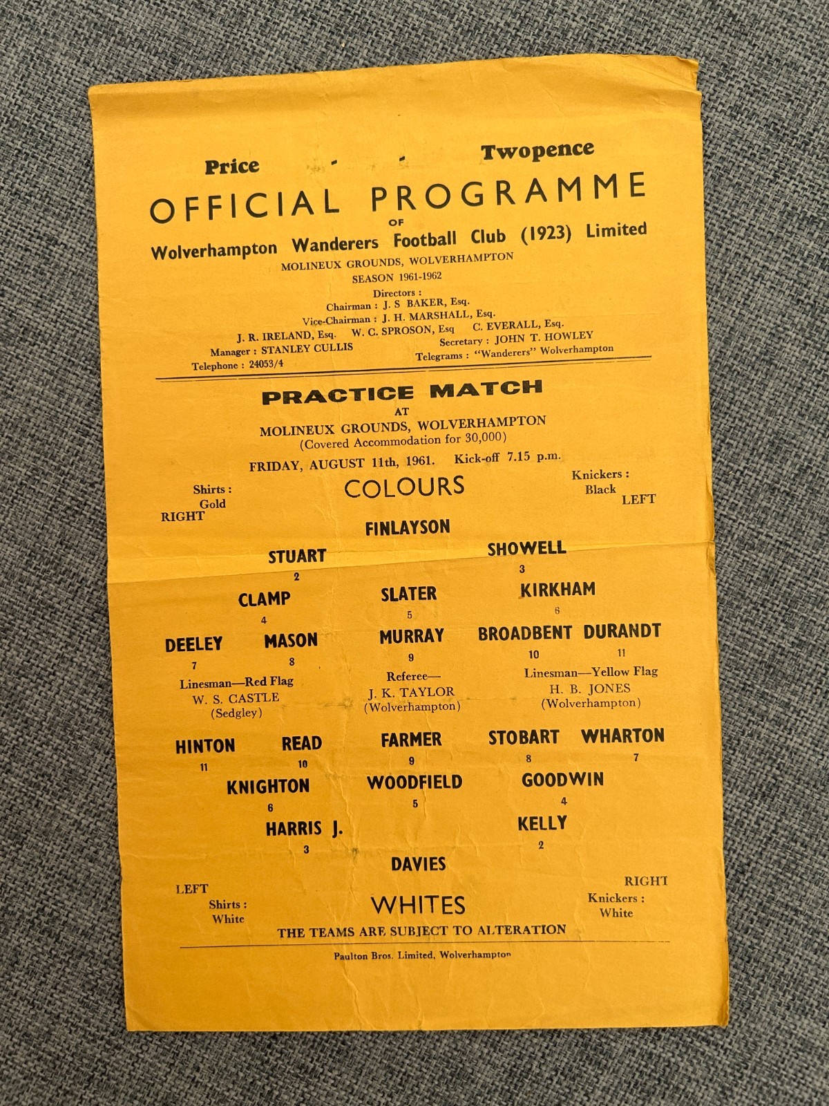 WOLVERHAMPTON WANDERERS WOLVES COLOURS V WHITES 1961 for sale on Ebay