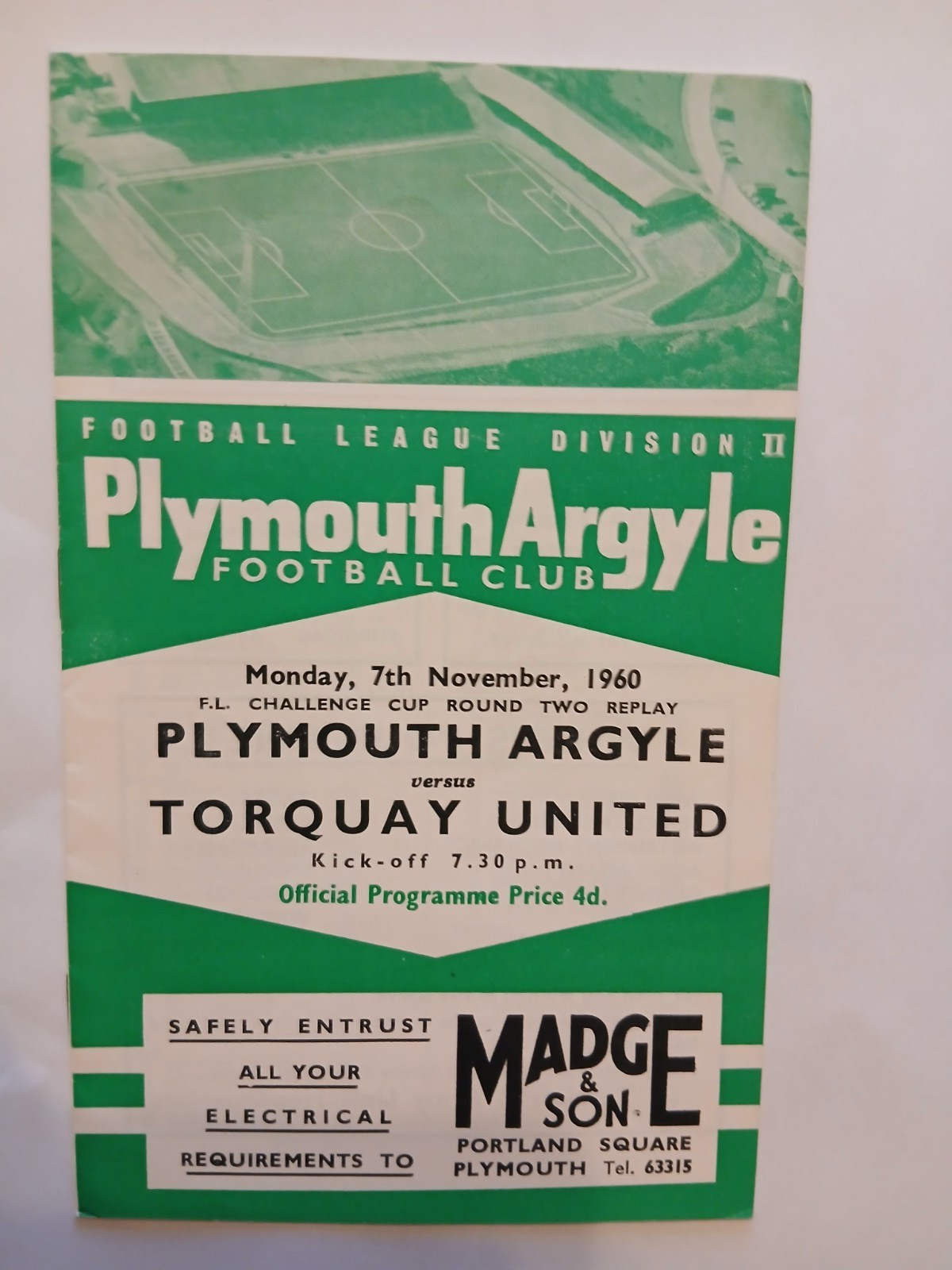 PLYMOUTH ARGYLE v TORQUAY UNITED FA Cup 2nd round replay 7 Nov 1960 for sale on Ebay