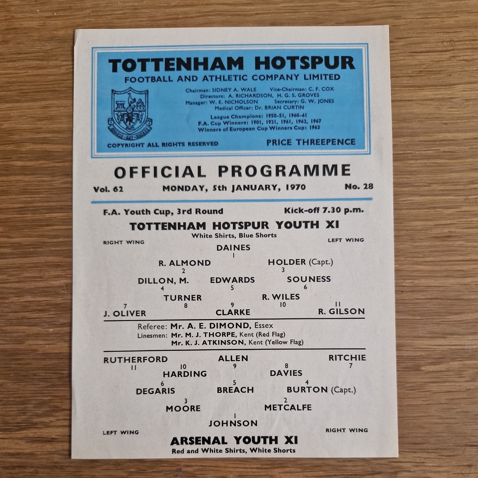 Tottenham / Spurs Youth v Arsenal Youth 5-1-1970 MINT  for sale on Ebay