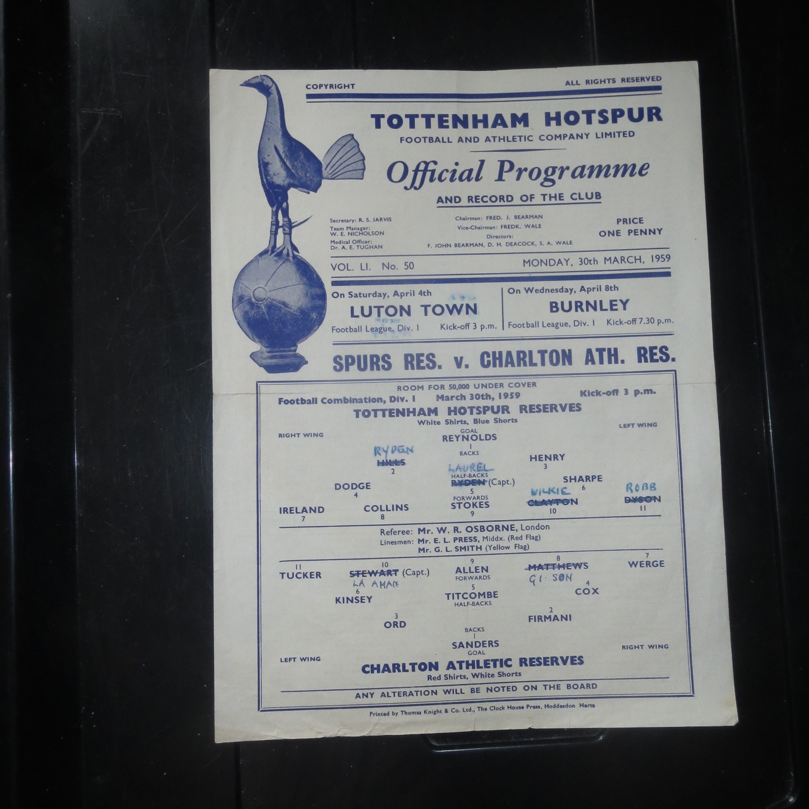 1958/1959 Tottenham Reserves v Charlton Reserves 30/3/1959 Football Combination for sale on Ebay