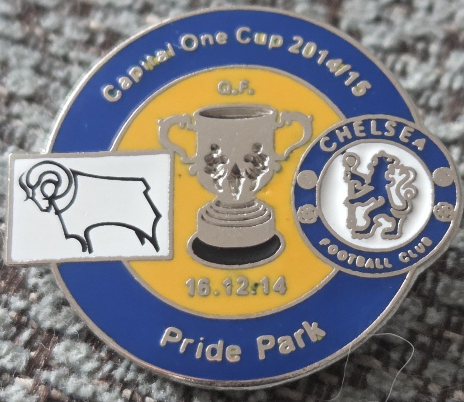 CHELSEA FC BADGE - CHELSEA v DERBY COUNTY - 2014/15 CAPITAL ONE CUP MATCH BADGE  for sale on Ebay