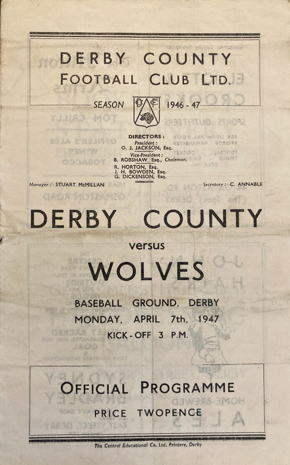 Derby County v Wolverhampton Wanderers Div 1 1946/47 for sale on Ebay