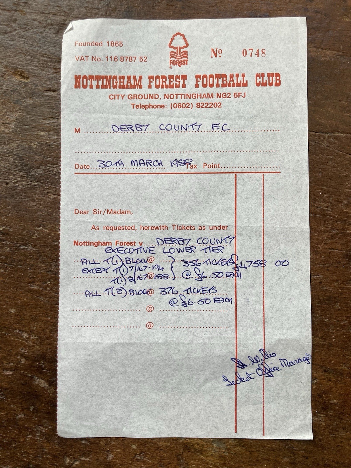 1988 Nottingham Forest Invoice To Derby County For Away End Ticket Allocation. for sale on Ebay