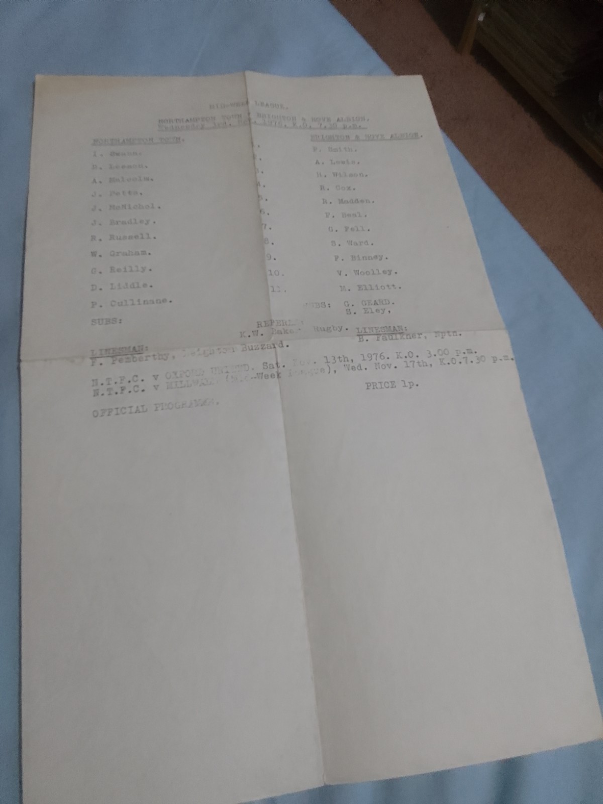 Northampton Town v Brighton & Hove Albion Reserves Single Sheet 3rd Nov 1976 for sale on Ebay