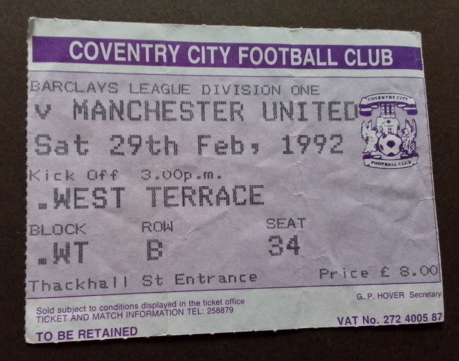 Coventry City v Manchester United  Division One 1991/2 for sale on Ebay