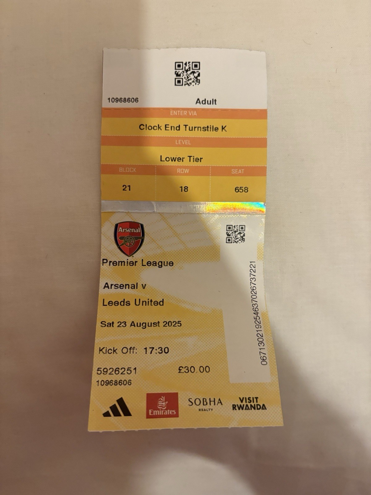 Arsenal 5-0 Leeds Original Paper Ticket Max Dowman Debut for sale on Ebay