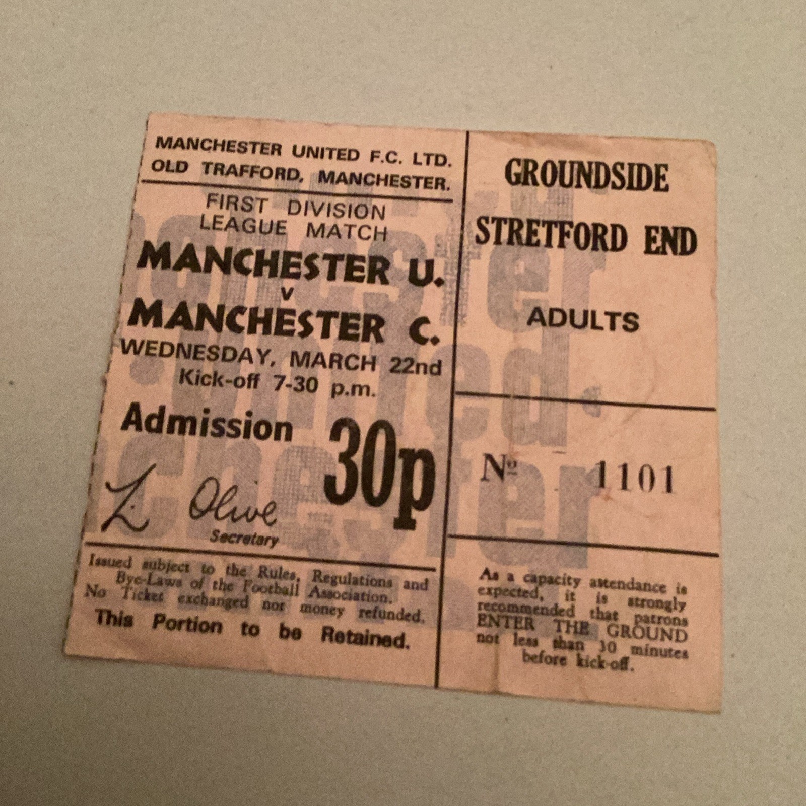Manchester United v Manchester City 1971/72 Match Ticket for sale on Ebay