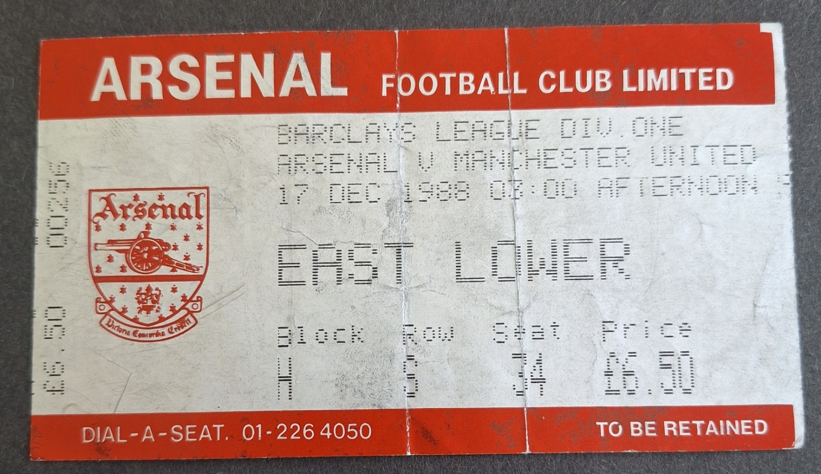 Arsenal versus Manchester United Home Ticket From The 1988/89 Season for sale on Ebay