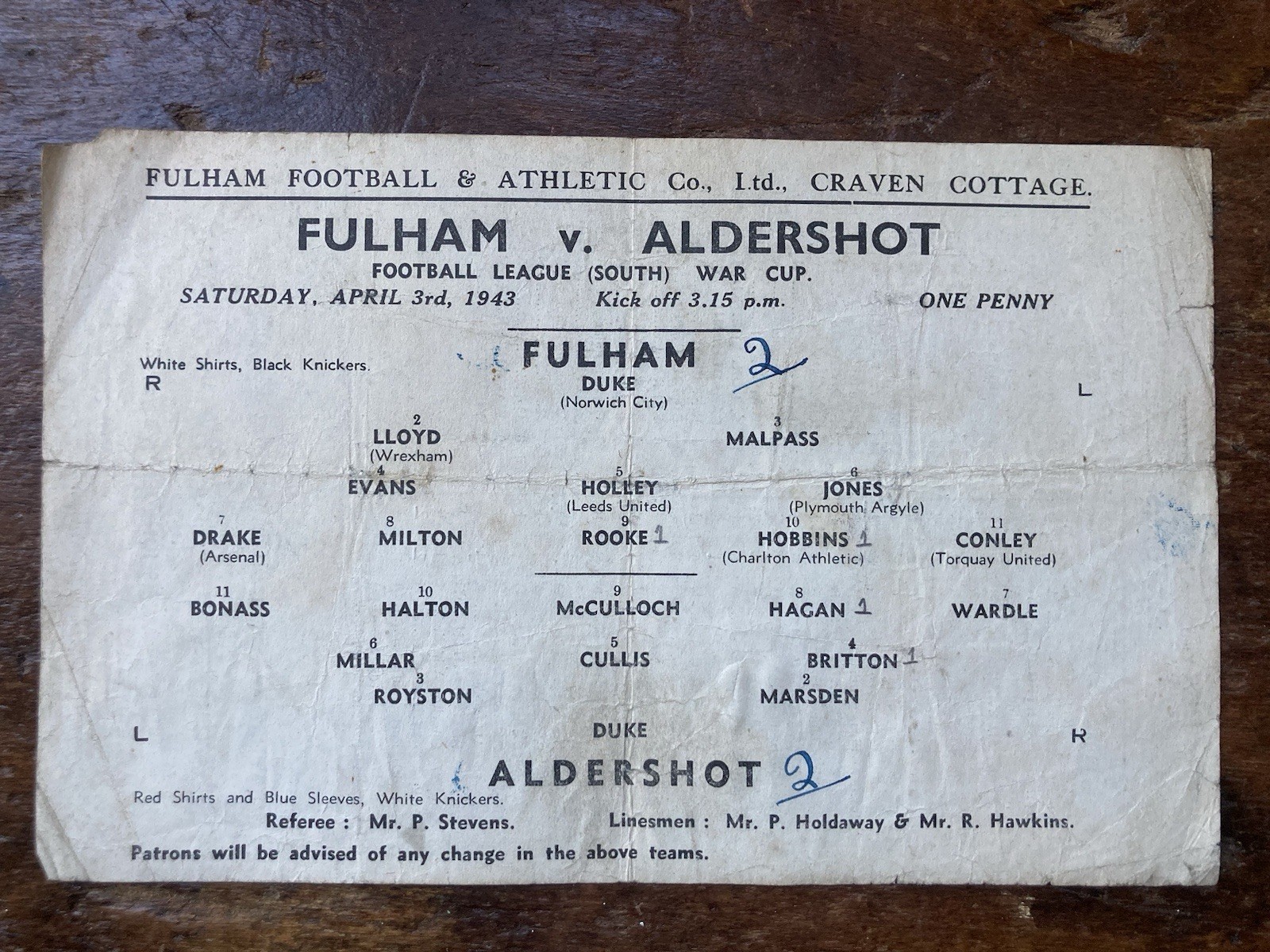 WW2 1943 Fulham Aldershot Football League (South) War Cup Single Sheet Programme for sale on Ebay
