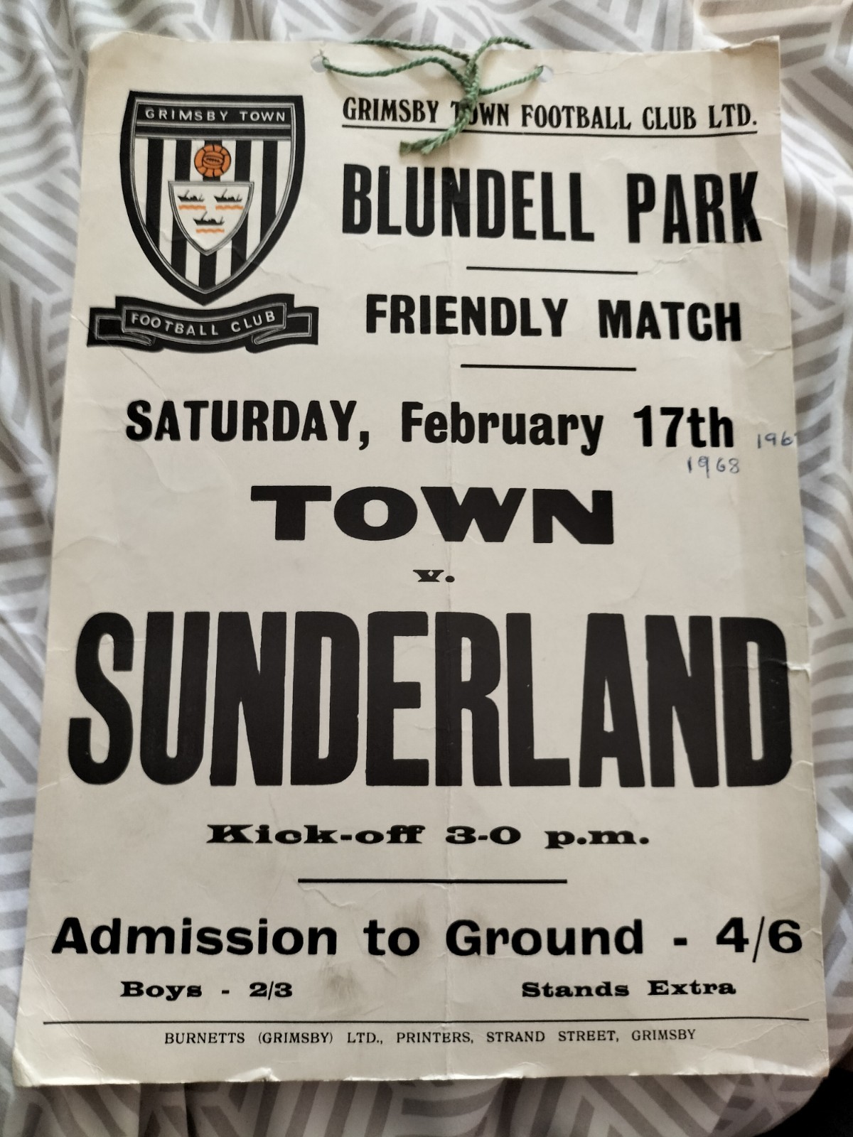 Rare Grimsby Town V Sunderland 1968 Friendly Poster..Blundell Park. for sale on Ebay