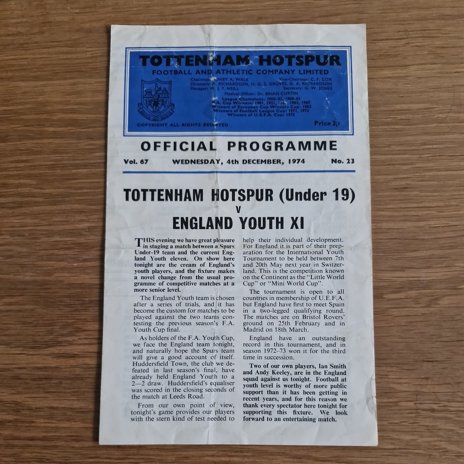 Tottenham Under 19s v England Youth XI 4-12-1974 RARE (At Tottenham) for sale on Ebay
