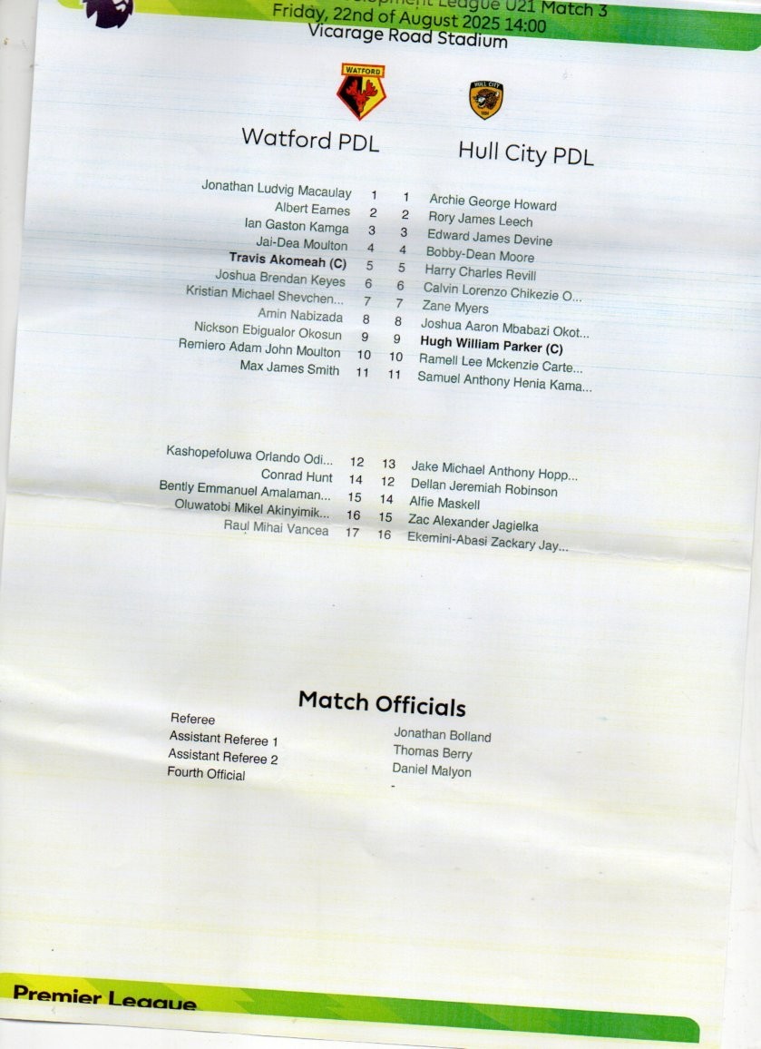 WATFORD U21 V HULL CITY U21 235/26 PDF LGE for sale on Ebay