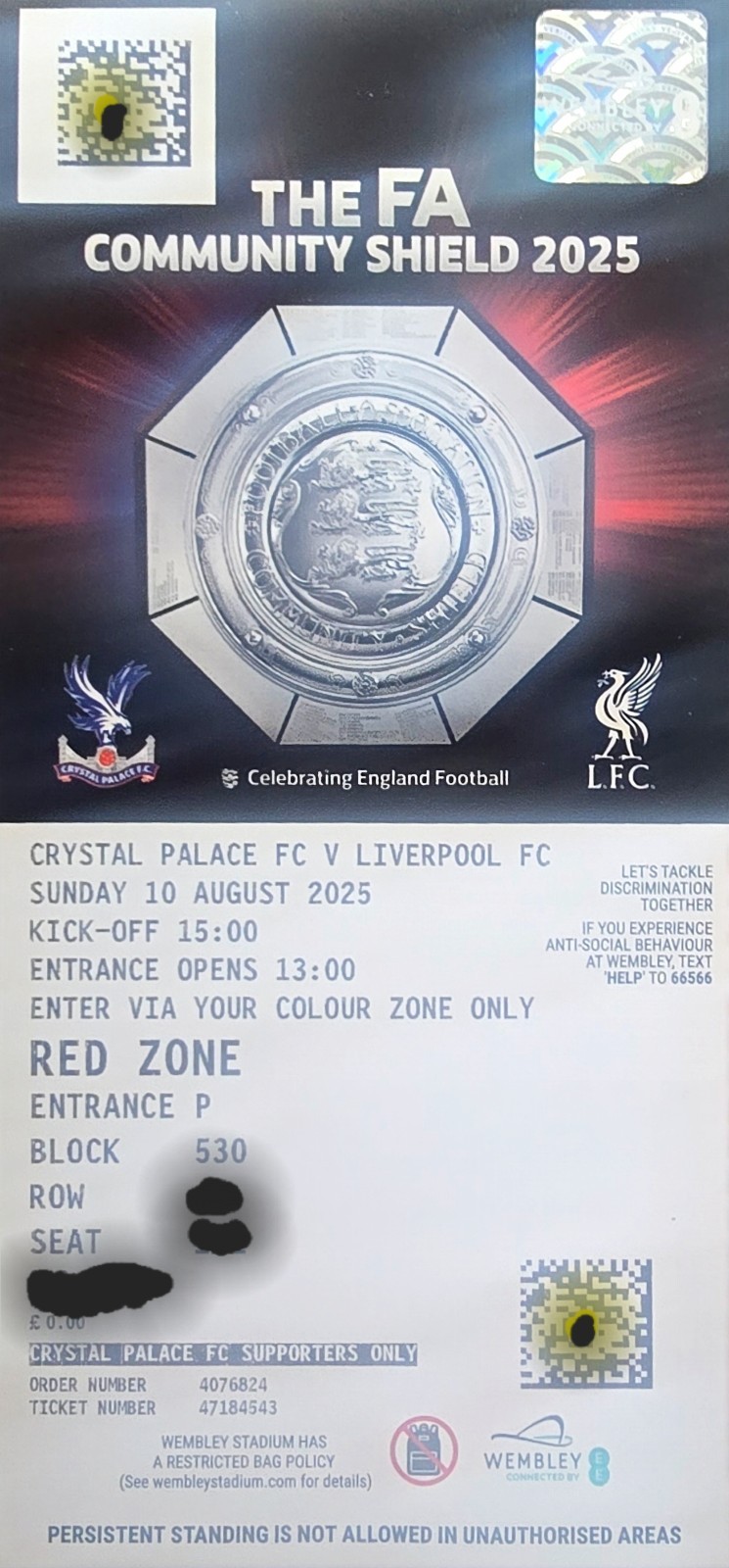 CRYSTAL PALACE V LIVERPOOL FA COMMUNITY SHIELD AT WEMBLEY 2025. MINT CONDITION. for sale on Ebay