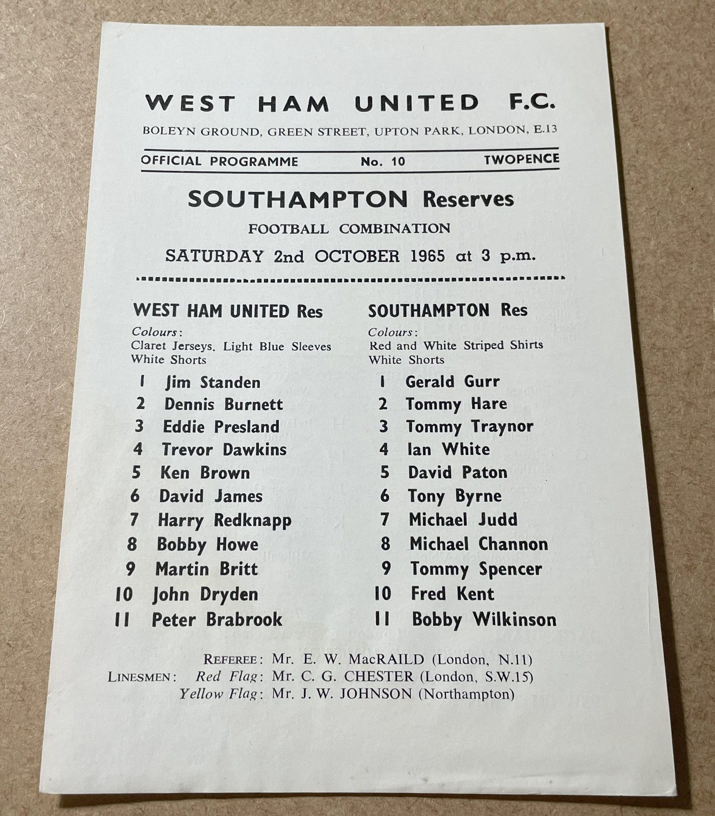1965/66 WEST HAM v SOUTHAMPTON RESERVES RARE PROGRAMME for sale on Ebay