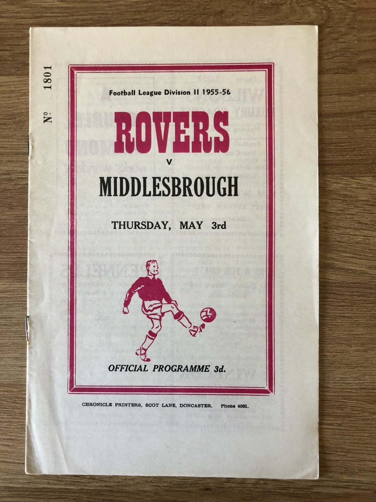 Doncaster Rovers versus Middlesbrough 3td May 1956 League Division 2 for sale on Ebay