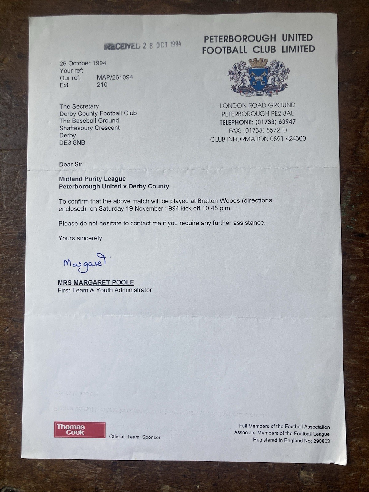 Oct 1994 Peterborough United Letter to Derby County re Bretton Woods Fixture. for sale on Ebay