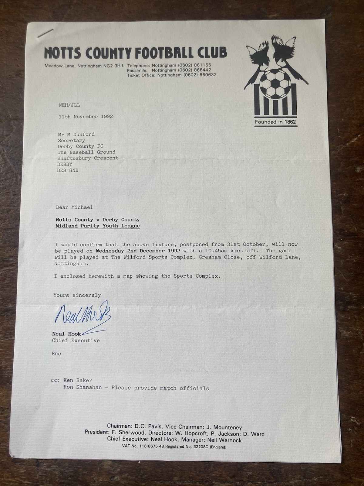 1992 Notts County Letter + Map To Derby County re Fixture & Wilford Lane Notts. for sale on Ebay