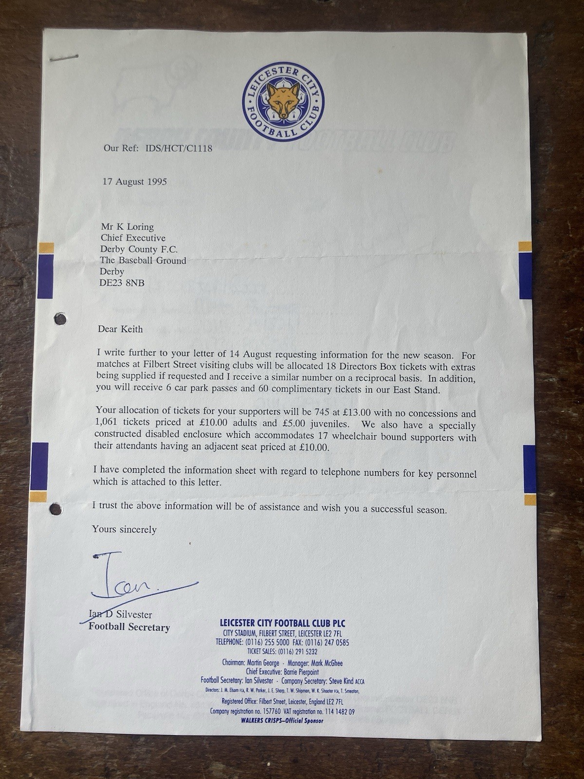 Aug 1995 Leicester City & Derby County Letters re Complimentary Tickets M McGhee for sale on Ebay