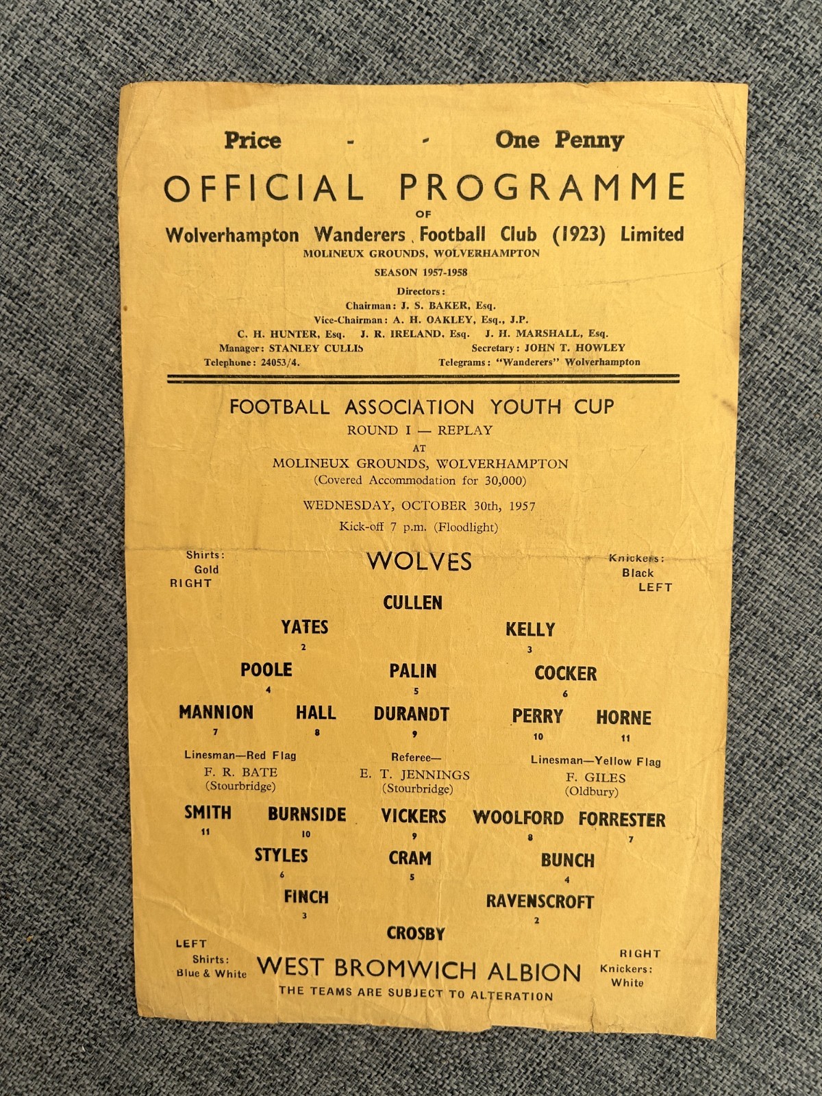 WOLVERHAMPTON WANDERERS YOUTH V WEST BROMWICH ALBION YOUTH 1957 FA YOUTH CUP for sale on Ebay