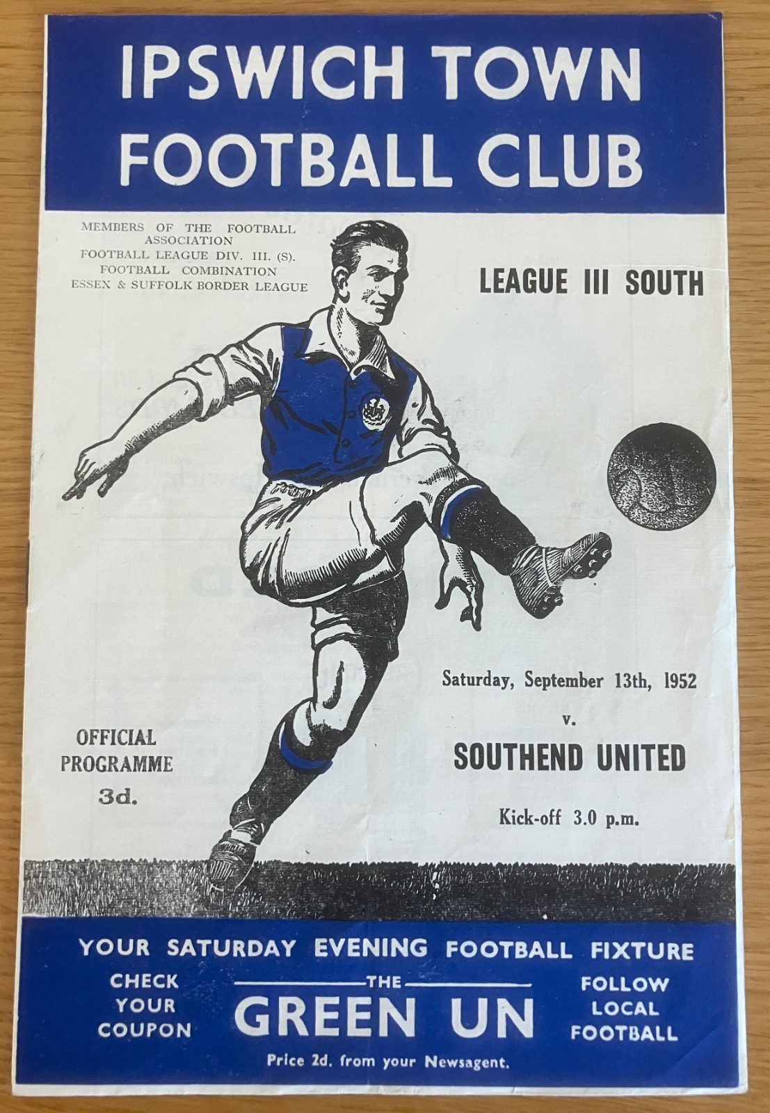Ipswich Town v Southend United 13th September 1952 for sale on Ebay