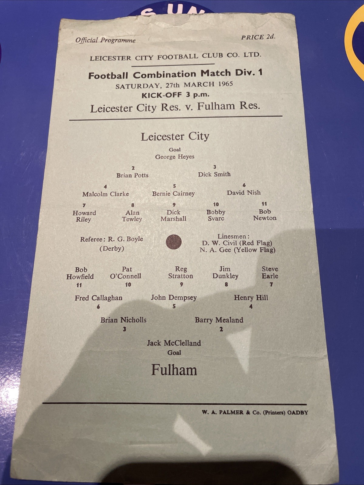 Leicester City Reserves V Fulham Reserves 64/65 Single Card Prog for sale on Ebay
