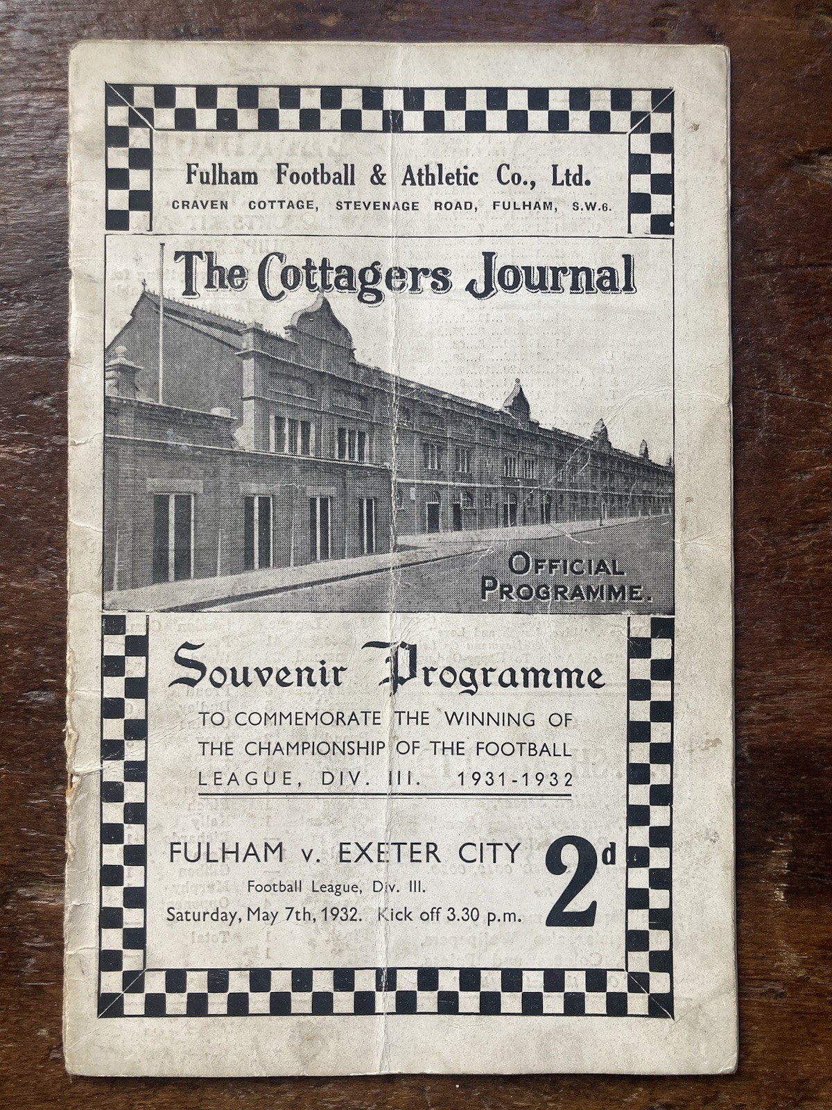 May 7th 1932 Fulham v Exeter City Final Game Of season Football Programme. for sale on Ebay