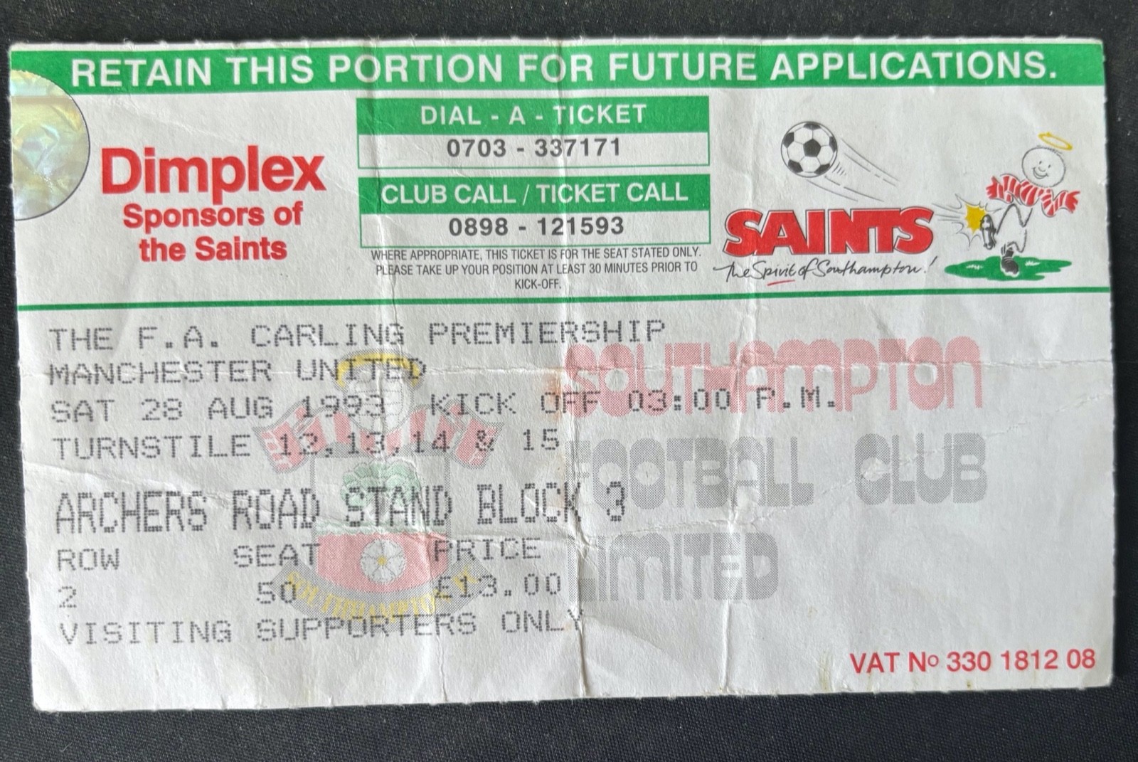 Southampton v Manchester United ticket stub 28th August 1993 Premier League for sale on Ebay